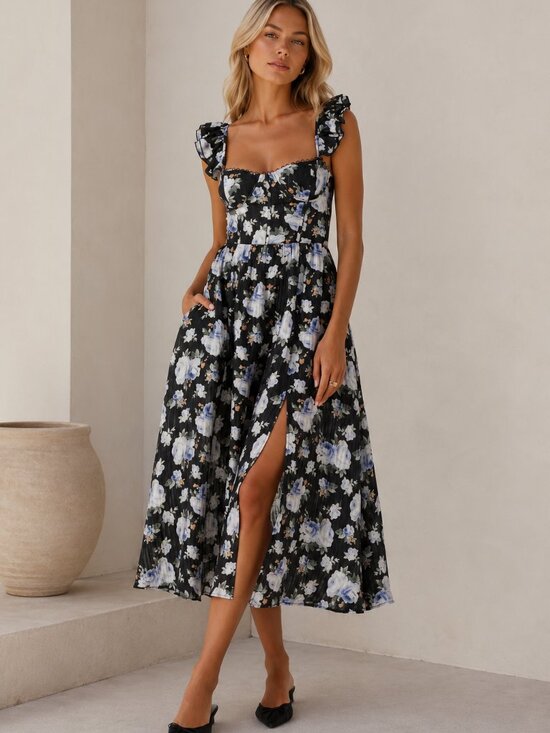 Astr Dresses & Skirts - ASTR the Label Wedelia Black Blue Floral Bustier Midi Dress Small 8207